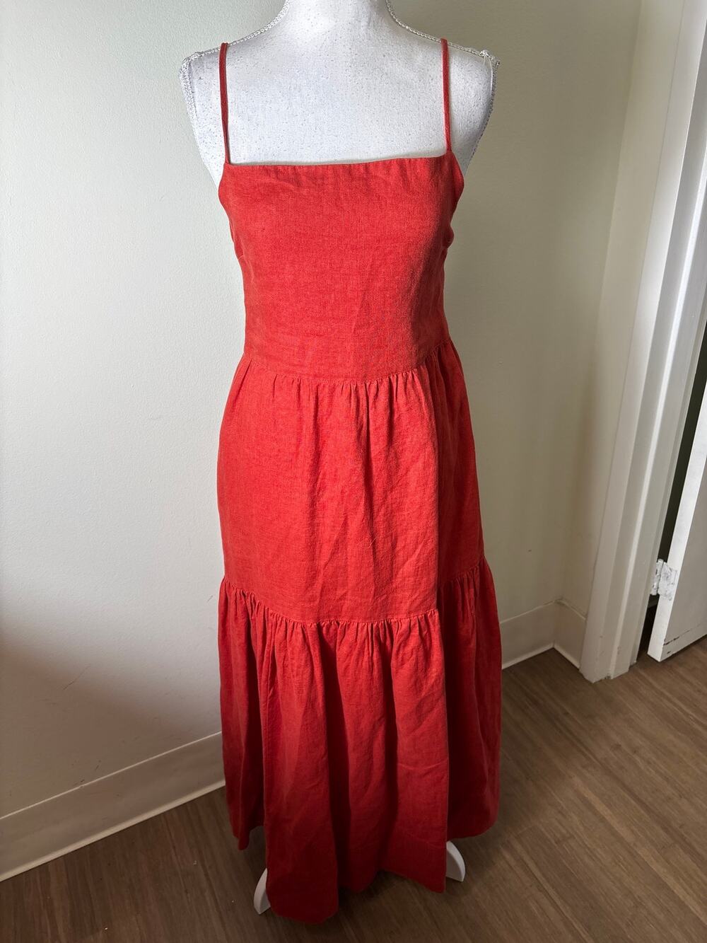 Posse Red Blackless Linen "Elise" Tiered Maxi Dress Sz M